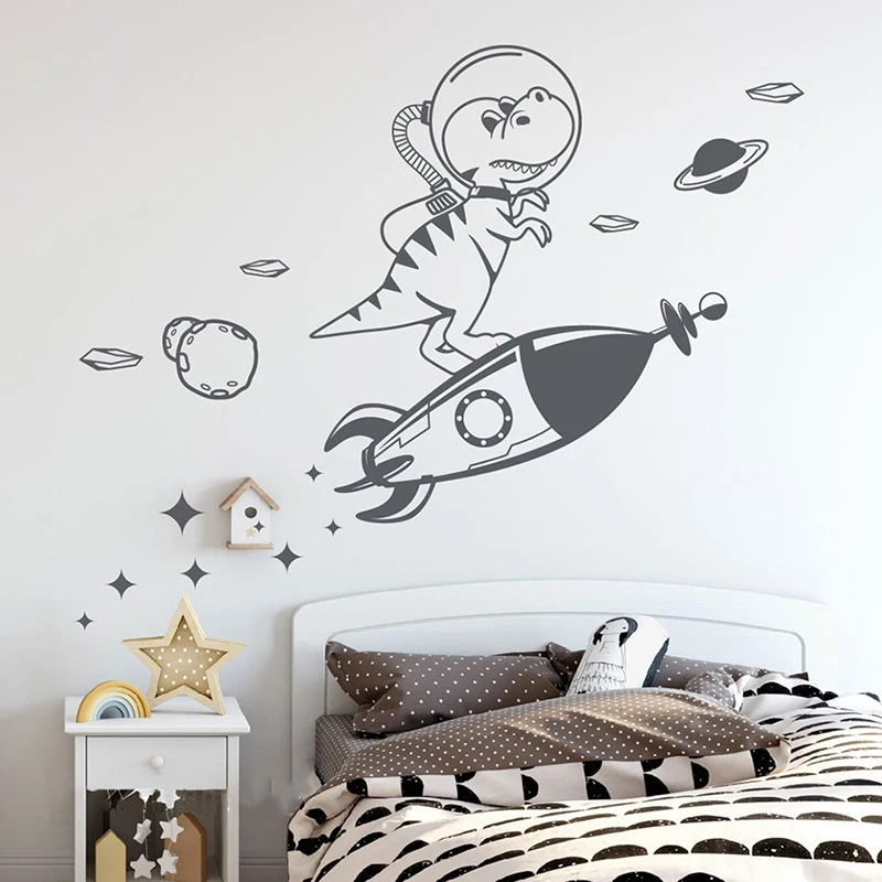 

Dinosaurs in Outer Space Wall Decal-Dinosaur on Rocket Planets Stars Meteorite Vinyl Sticker-Dinosaur Rocket Nursery Decal A729