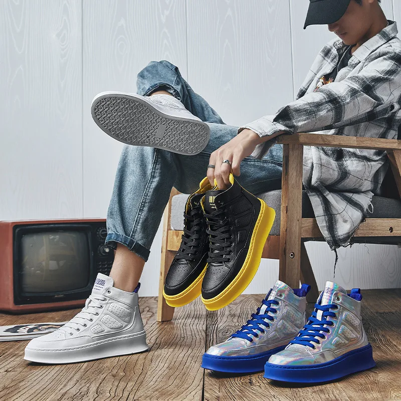 

Mens High top Skateboard Shoes Comfortable Plataform Sneakers Men Shiny High Quality Leather Luxury Shoes Men zapatillas hombre
