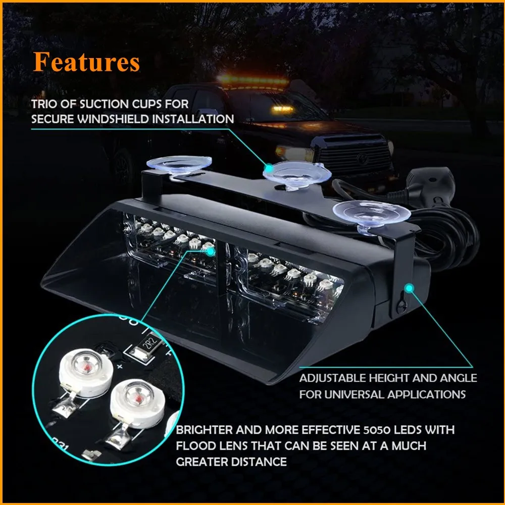 12V RGB 16 LED High Intensity Emergency Hazard Warning Strobe Lights Suction Cups for Police Law Enforcement Vehicles Truck Lamp |
