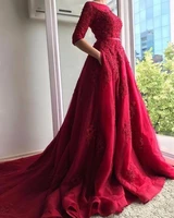 new elegant burgundy half sleeves muslin evening dresses with pockets lace appliques arabic prom dress party wear robe de soriee