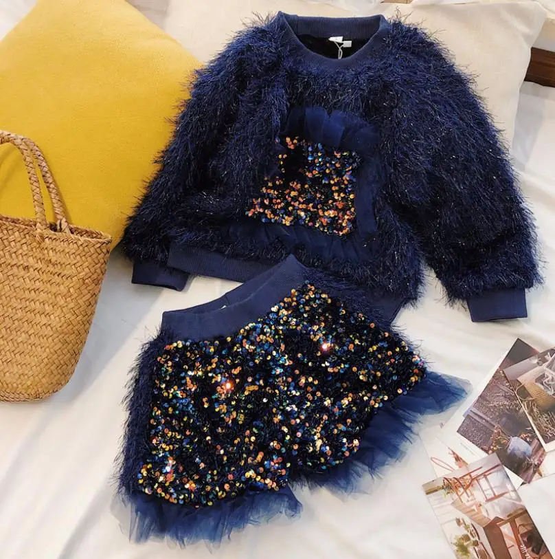 Бархатные комплекты с блестками для маленьких девочек осень 2019 новый свитер топы
