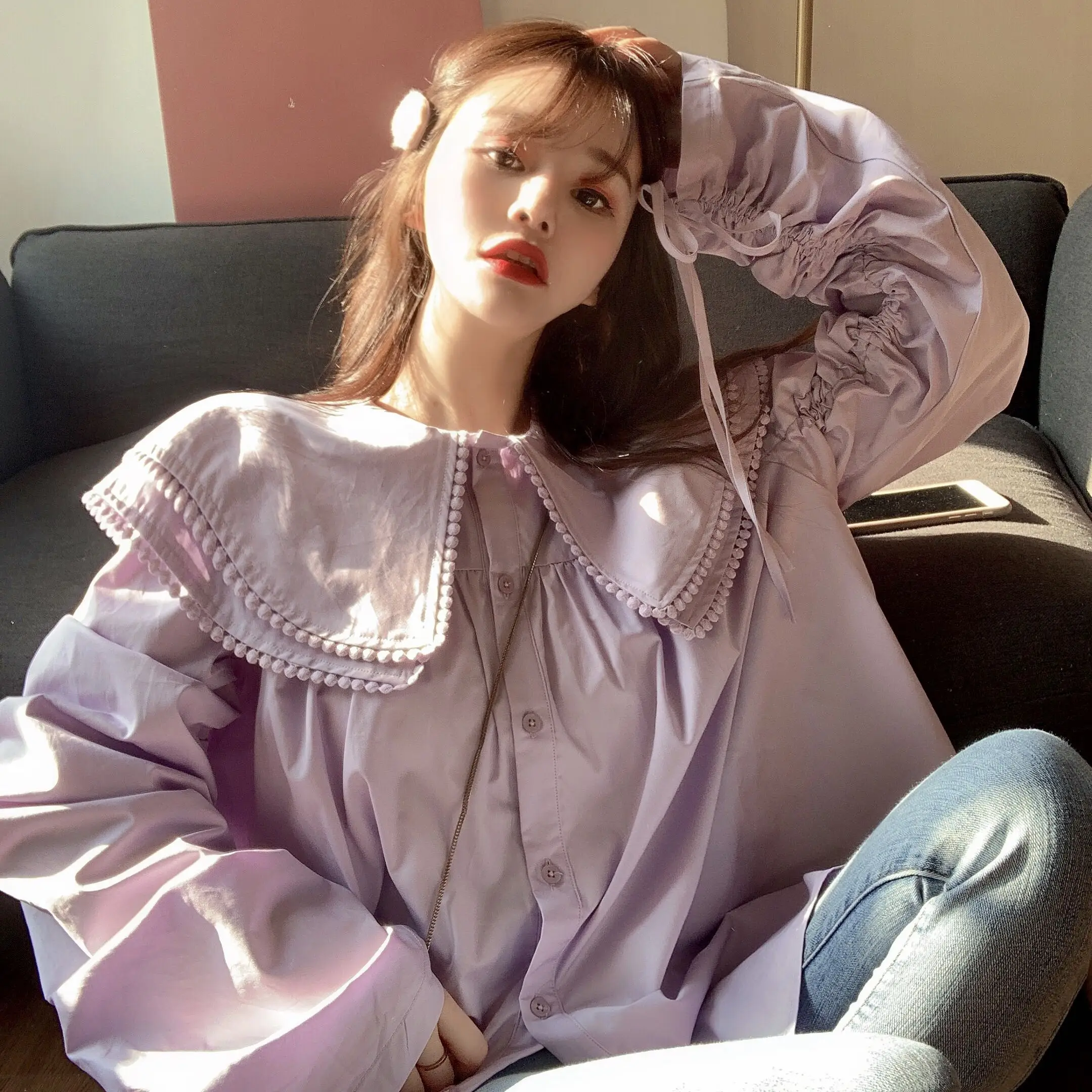 Блузка женская с большими пышными рукавами рубашка в винтажном стиле завязкой