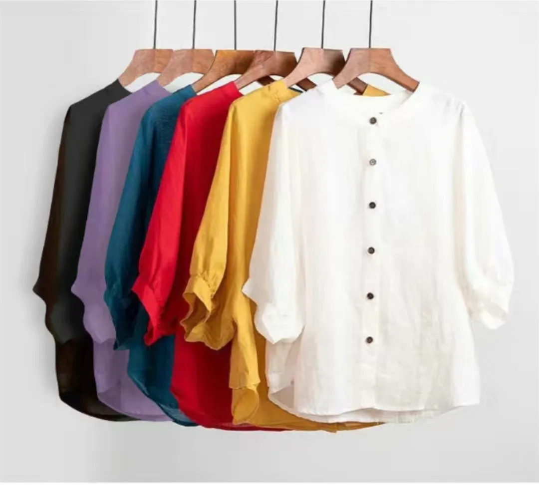 

2021 Cotton Linen Shirt Women Lantern Sleeve Half O-Neck Retro Artistic Plus Size Loose Half Sleeve Shirt Women Casual Tops