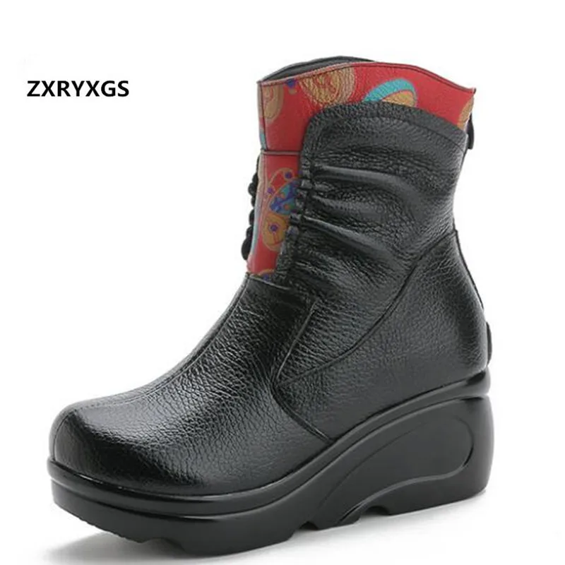 

ZXRYXGS Handmade Embroidery Fashion Boots Women Boots 2021 New Autumn Winter Shoes Warm platform Wedges Genuine Leather Boots