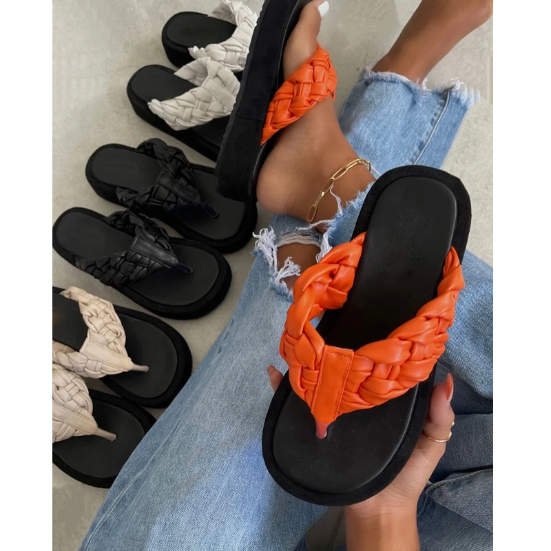 

Woven Sandals Fashion Summer Women's Shoes Low Heeled Flip Flops Open Toe Outdoor Leisure Beach Slippers Plus Size