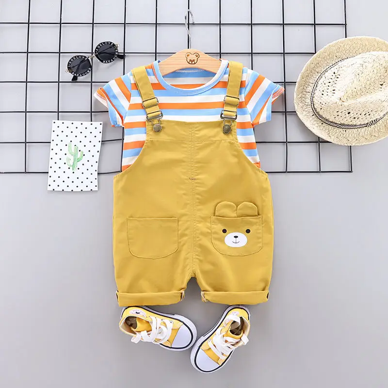 Summer Children Cotton Baby Boy Girl Clothes Cartoon Stripe T Shirts Bib Shorts 2Pcs/sets Infant Kids Fashion Toddler Tracksuits | Детская
