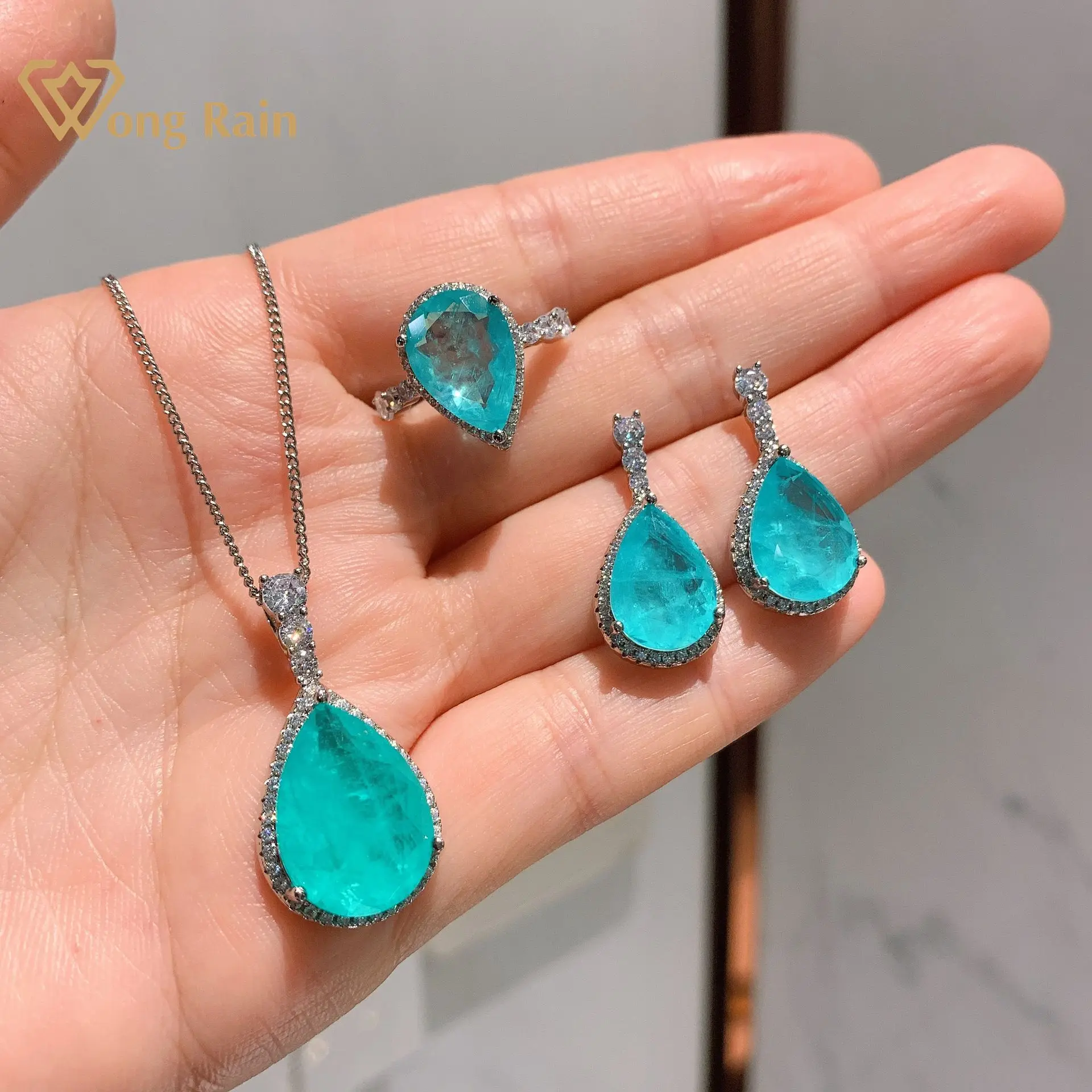 

Wong Rain Luxury 925 Sterling Silver Paraiba Tourmaline Gemstone Earrings/Pendant/Necklace/Ring Wedding Jewelry Sets Wholesale