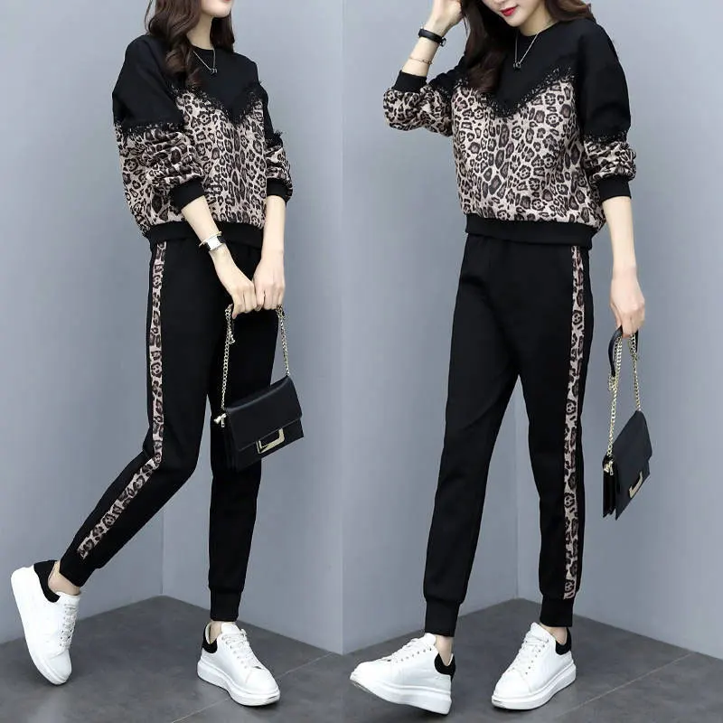 

Women's Motion Leisure Suit Western Style Leopard Print Loose Twinset Tops and Pants Fashion Casual Two-piece Suit