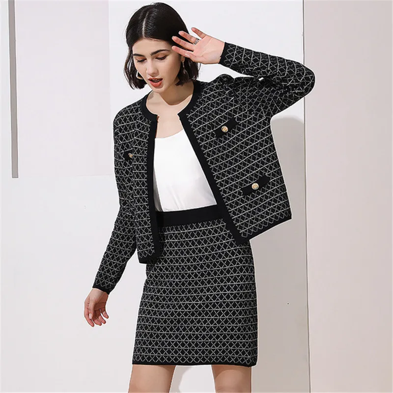 

Stylish 2 Piece Set Women Knitting Cardigan Jacket Coat + Pencil Skirt Elegant Geometric Office Ladies Two Piece Sets DS50992