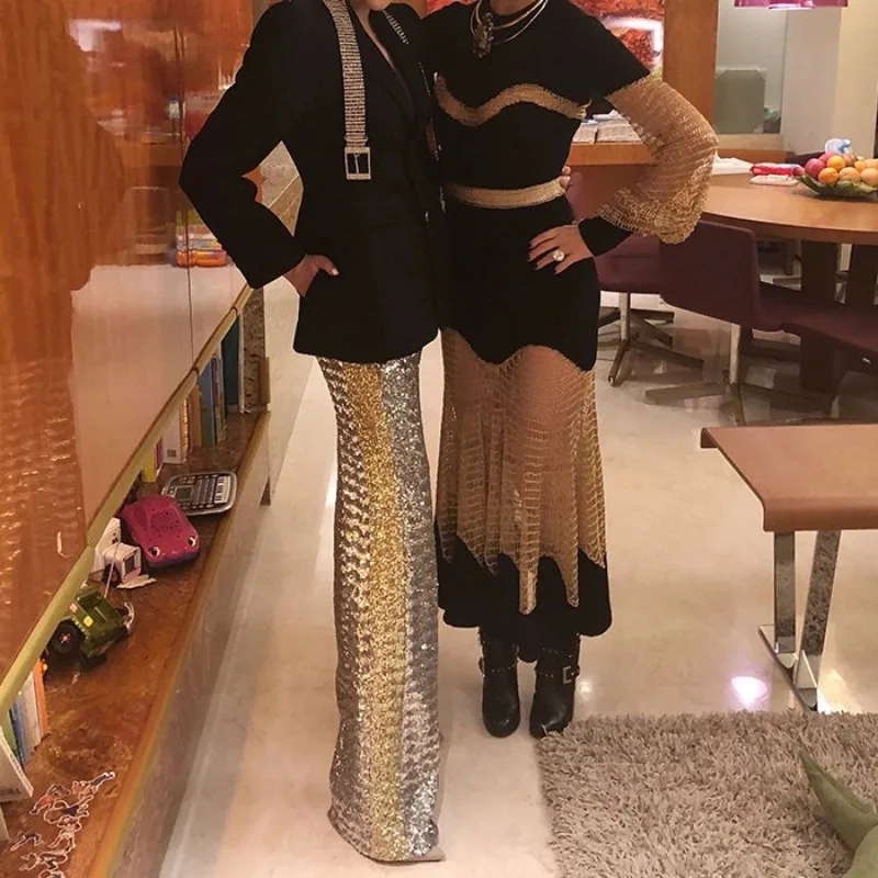 

Runway Women Sequined Long Pants Loose Fit Glitter Shiny High Street Casual Wide Leg Pants Lady Fashion Party Paillette Trousers