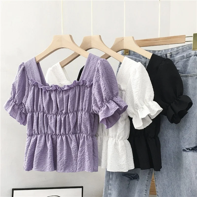 

Korean Style Chiffon Shirt with Wooden Ears Flared Short Sleeve Women's Summer Design Loose Minority Fashion Western Style