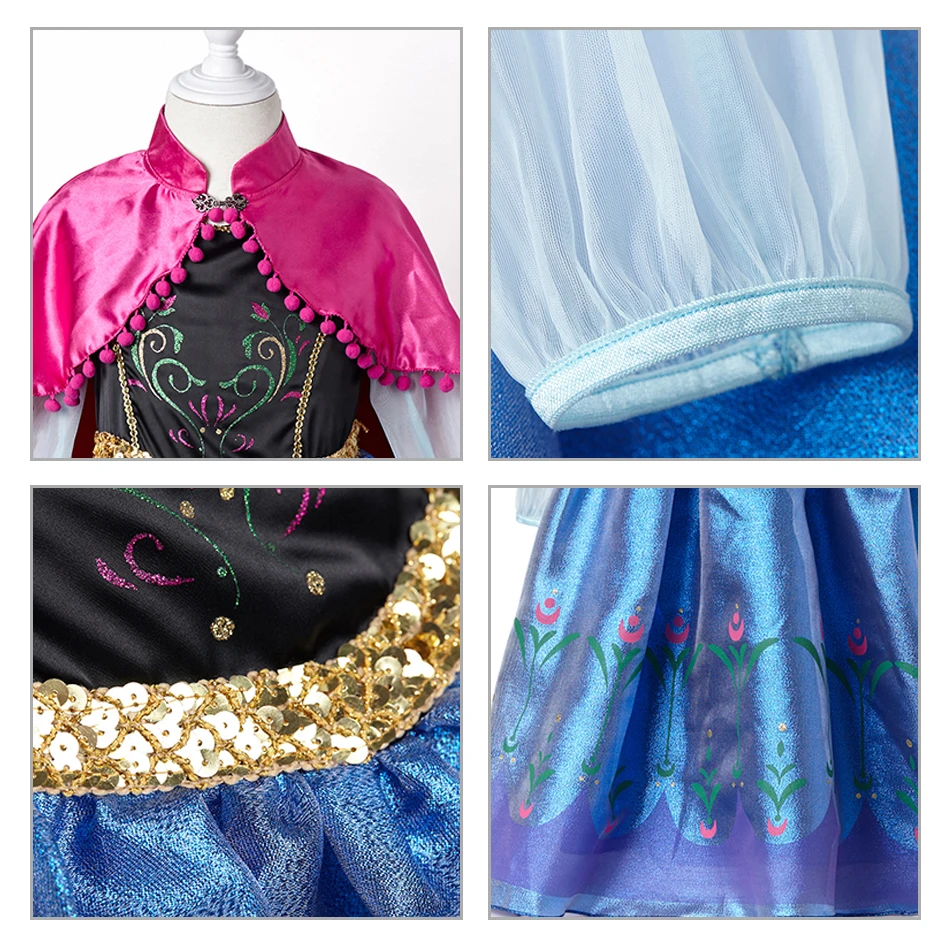 

Disney Frozen Anna Dress Girls Birthday Christmas Party Cosplay Costume With Cloak Snow Queen Princess Dresses Vestido Infantil