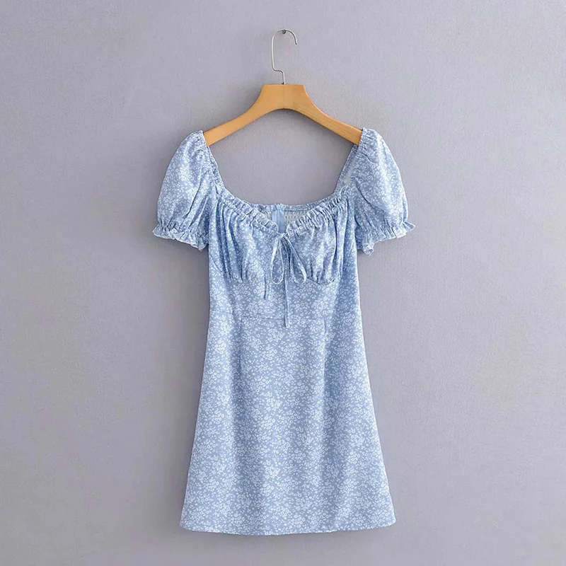 

Spring/Summer 2021 Womenswear New European and American Retro Print Lace Puff Sleeve Square Neck Dress