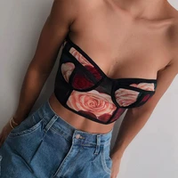 chronstyle women tube tops summer sexy v neck backless rose print see through camis 2021 sexy club street navel suspender vest