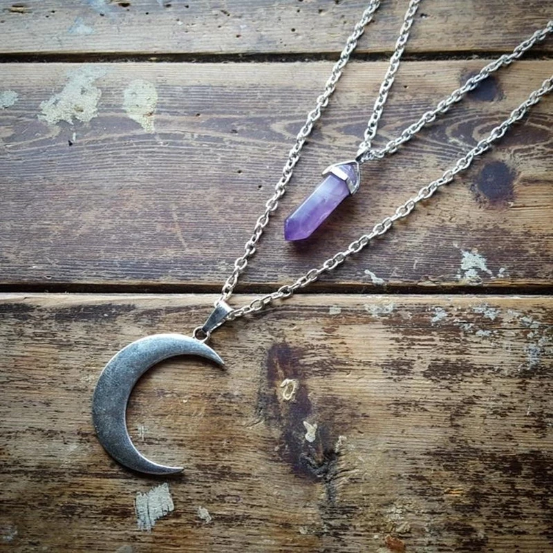 

Silver Color Tone Moon and Purple Stone Necklace Pendant Fashion Witch Jewellery New Delicacy Beautiful Women Gift