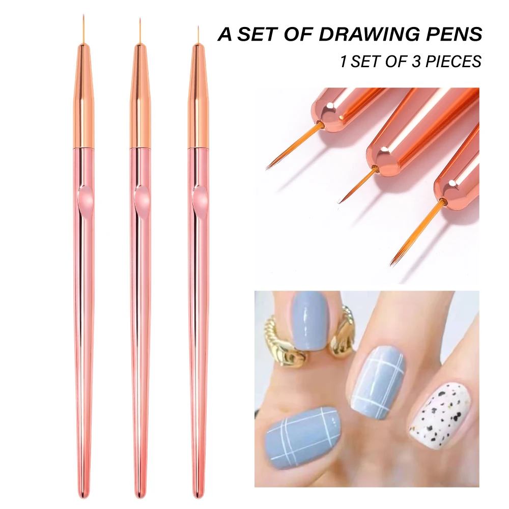 

3pcs/set Rose Gold Nail Art Line Painting Brushes Metal Handle Thin Liner Drawing Pen DIY UV Gel Tips Design Manicure Tool Kits