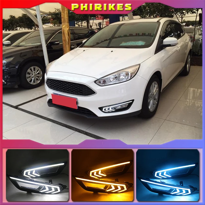 2PCS For Ford Focus 3 mk3 2015 2016 2017 2018 LED DRL daytime running lights daylight with Yellow signal fog lamp