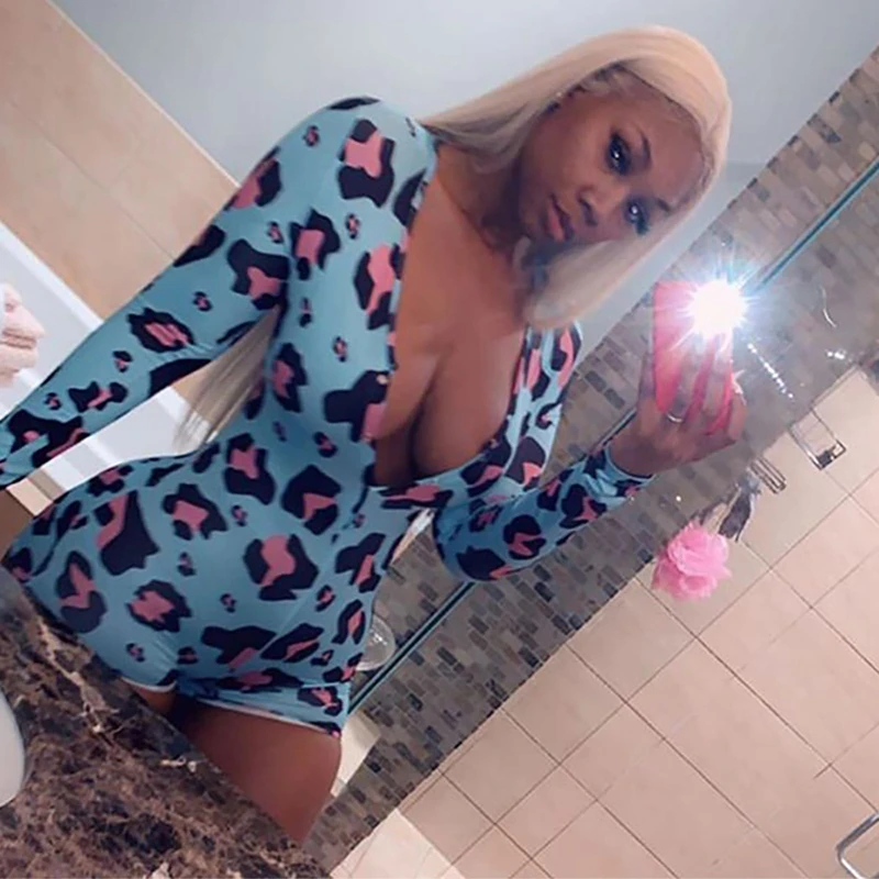 

2020 New Sexy Women Deep V-neck Bodycon Sleepwear Jumpsuit Shorts Bodysuit Leotard Long Sleeve Print Buttons Bodysuit Hot Sale