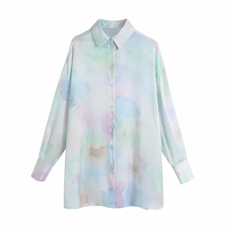 

Female Tie-dye Drape Shirt Top Oversize Women Turn-down Collar Blouse Spring-autumn Fashion Ladies Chinese Style Shirt