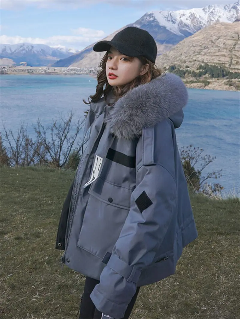 

Tooling Padded Jacket Women's Short Winter Coat 2020 Korean Clothes Loose Thick Warm Hooded With Fur Cotton Wadded Parka k1326