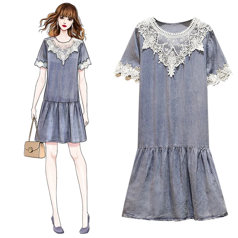 

plus size Summer cotton denim ruffle dress women casual lace patchwork korean denim women dress 5XL loose female vestidos 2020