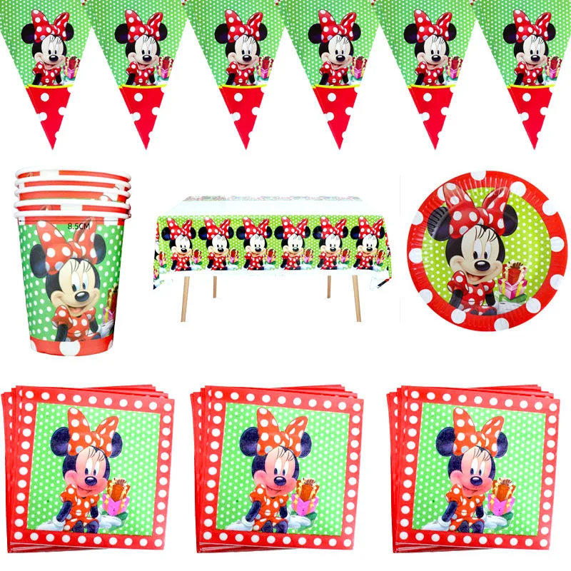 

51pcs/lot Minnie Mouse Theme Tablecloth Flag Decorate Birthday Party Ariel Napkins Plates Cups Girls Favors Banner Table Cover