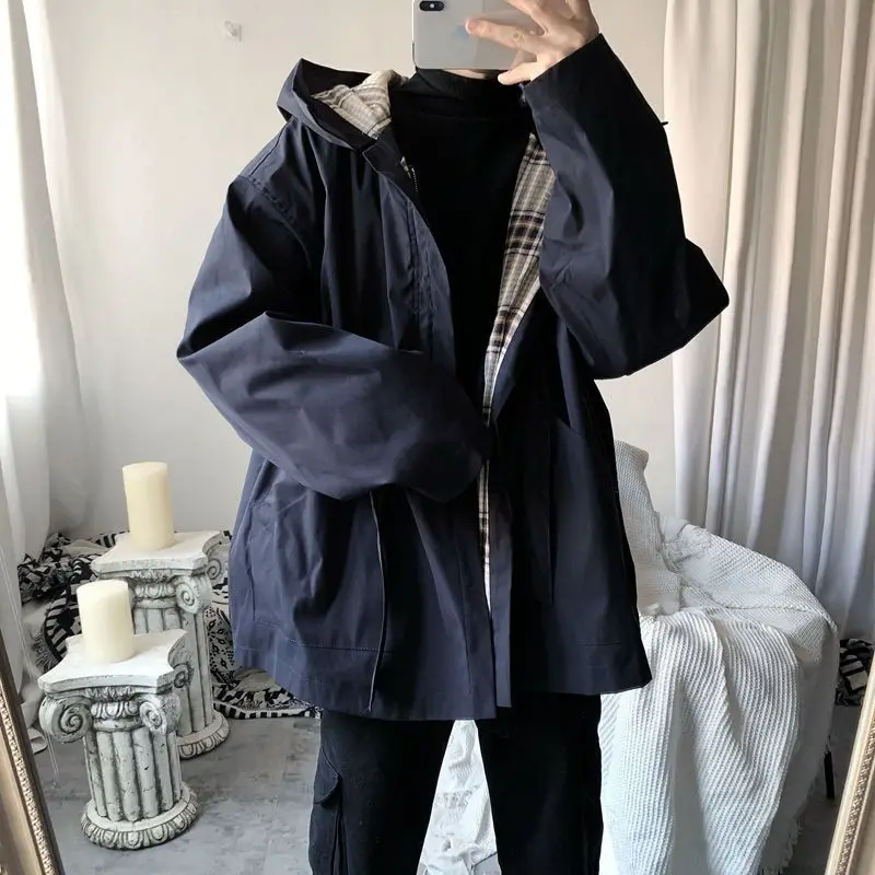 

2022 Spring Autumn New Hooded Jacket Korean Loose Trend Vintage Hong Kong Style Plaid Handsome Windbreaker Preppy Hip Hop Jacket