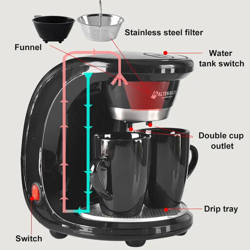 

450W Household Electric Steam Drip Coffee Maker Automatic Dual Cup Coffee Machine Dual-use American Coffee Tea Machine 110V/220V