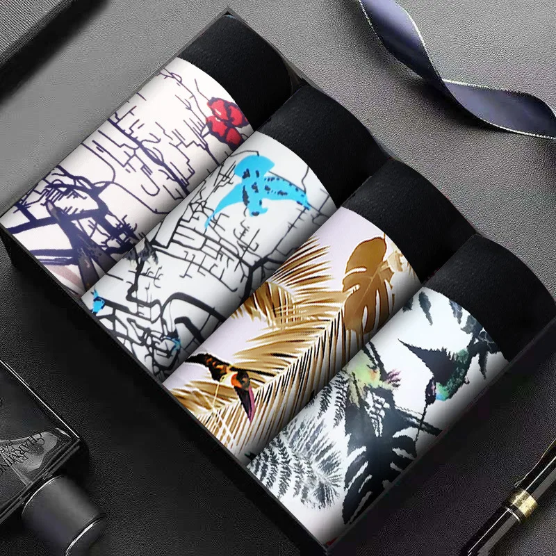 

4 Pcs/Lot Ice Silk Men Underwear Male Panties Men's Underwear Boxers Breathable Man Printing Underpants Comfortable Shorts