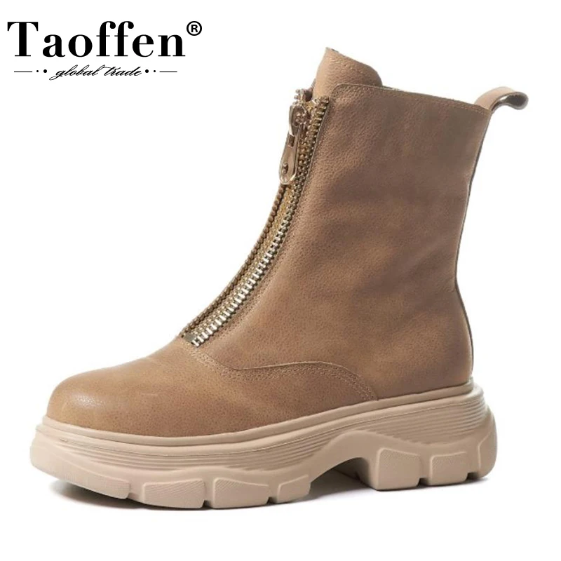 

Taoffen Women Real Leather Boots Half Short Winter Shoes Women High Quality Boots Fashion Casual Zipper Footwear Size 34-42