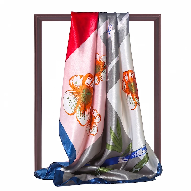 

Новый весенний Шелковый женский шарф на шею повязка на голову 90 см квадратный хиджаб шарфы цветочный принт женские шали пляжные накидки атл...
