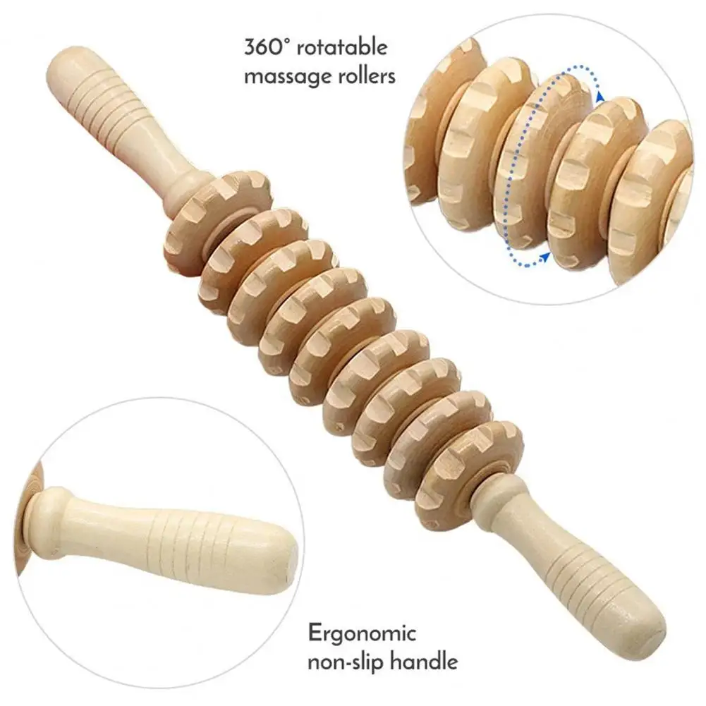 

Skin-friendly Fascia Massager Anti-slip Handle Wood Grooved Gear Multifunctional Smooth Roller Massager for Home