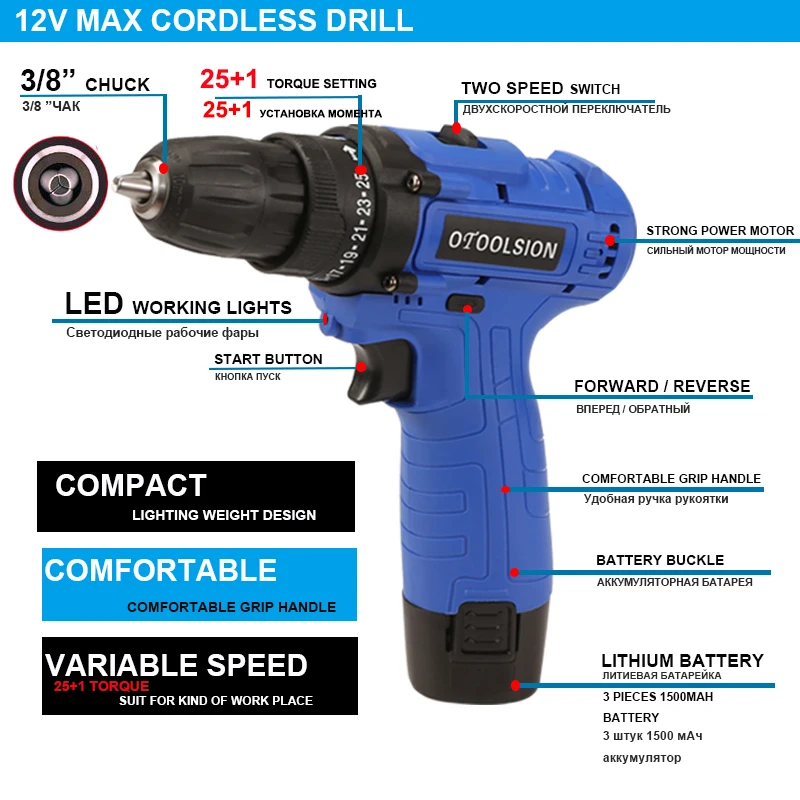 12 В Профессиональная беспроводная отвертка 2 скорости 1500 мАч электрическая Мини