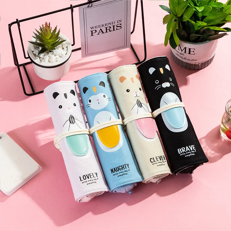 

2020 New Kawaii Mouse Animal Roll-up Pencil Bags Canvas Large Capacity Pencil Case for Students School Office Cute Stationery