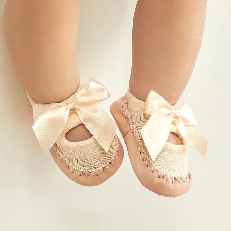 

Casual Newborn Baby Patchwork Cotton PU Floor Socks Boys Girls Infant Multi-color Bow Warm Anti Slip Socks Leg Warmer