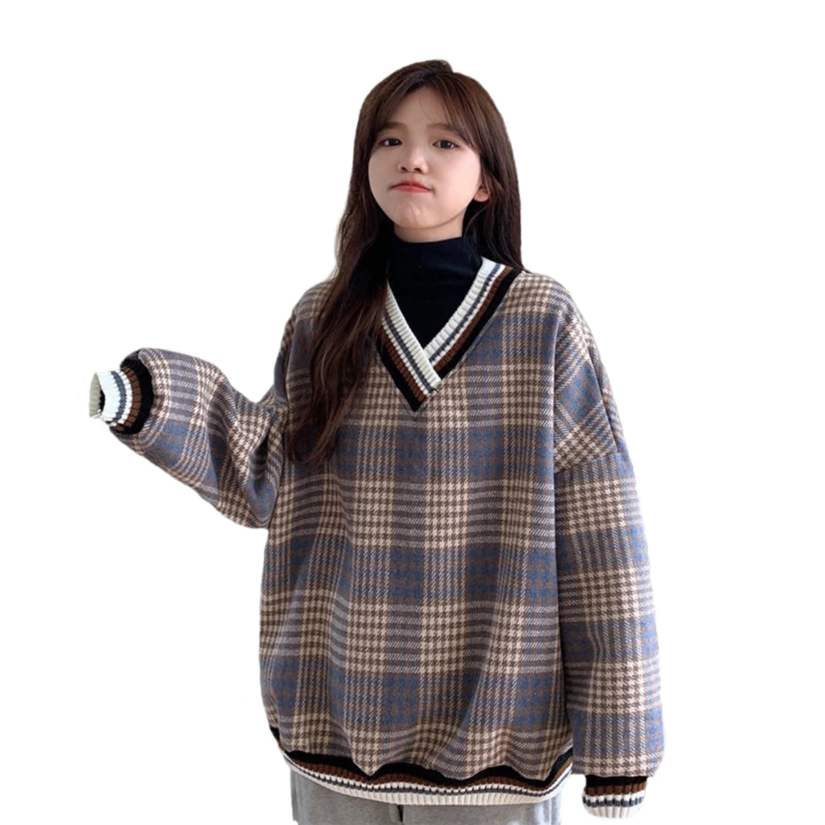 

Retro Women's Plaid Stripe Knitted Pullover Sweater Long Sleeve High Neck Loose Soft Warm Versatile Lady's Top Autumn And Winte