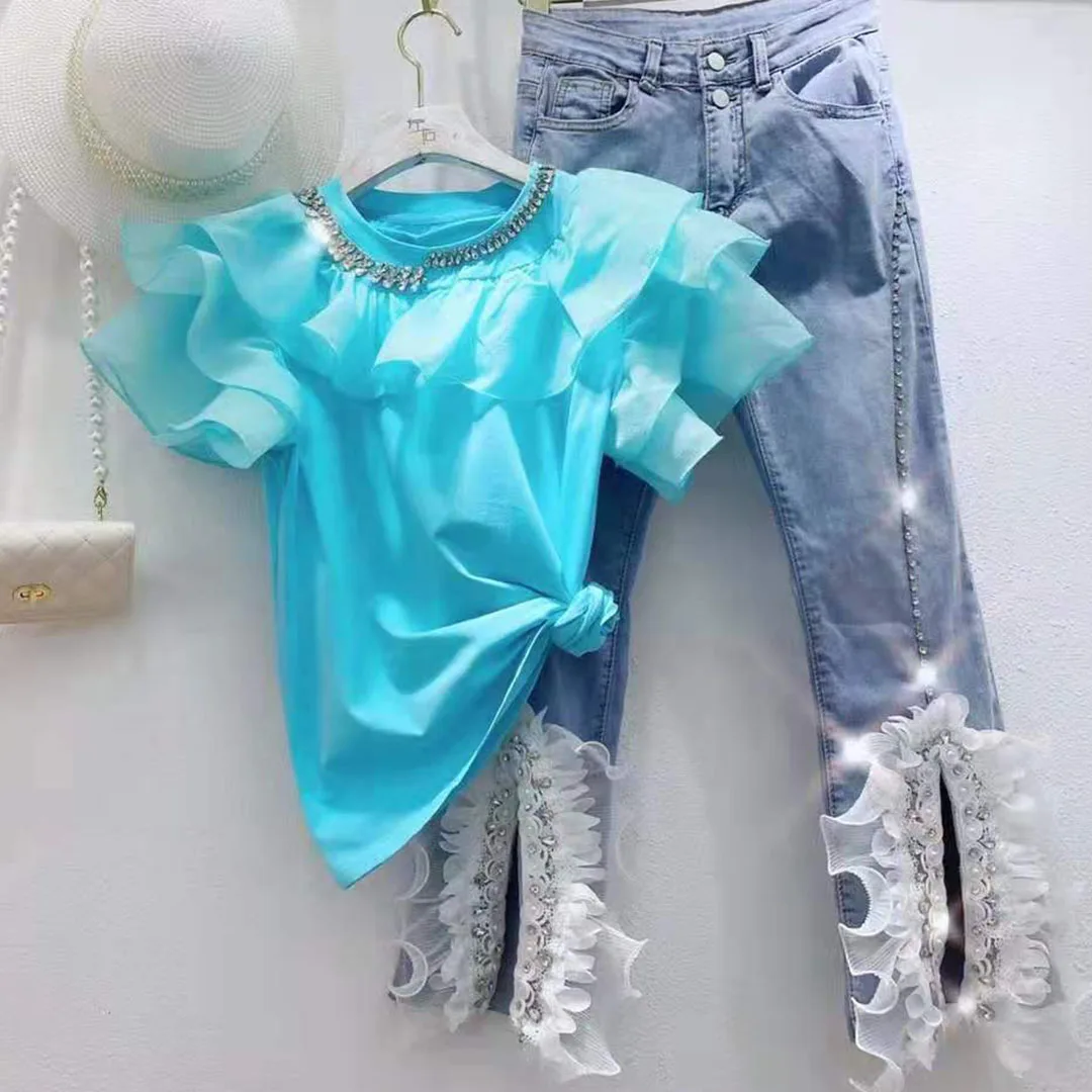 

2021 Summer New Korean Sweet Beads Rhinestone Women Blouses Irregular Ruffled Patchwork Ladies Top Short Sleeve Fashion T-shirt