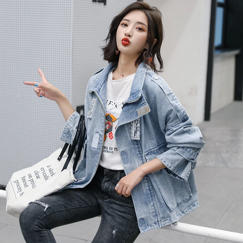 Большой карман джинсовая куртка Женская свободная летучая мышь рукав простая