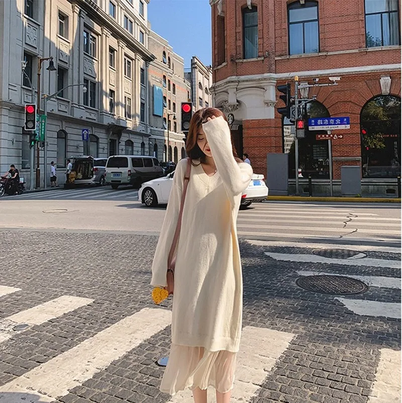 

Women Dress Casual V-neck Loose Women Sweater Dress Elegant Autumn Winter Dress Ruffles Patchwork Female Long Knitted Plus 11733