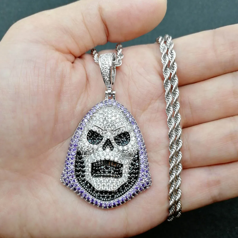 Mens Woman Hip-hop Trendy Iced Out Cubic Zirconia Funny Skull Death Cartoon Pendant Necklaces Bling Jewelry Hallowmas Gift | Украшения и