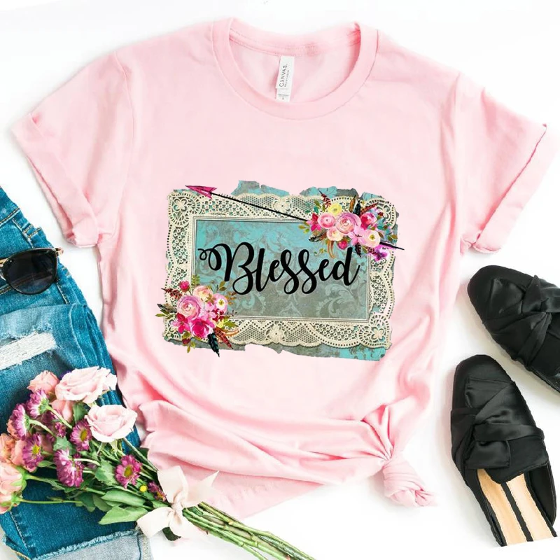

Women Sweet Flower Arrow Letters Printed T-Shirts Short Sleeve Summer Lady WomensT-Shirt Shirt Tees Clothing Tops Lovely T Shirt