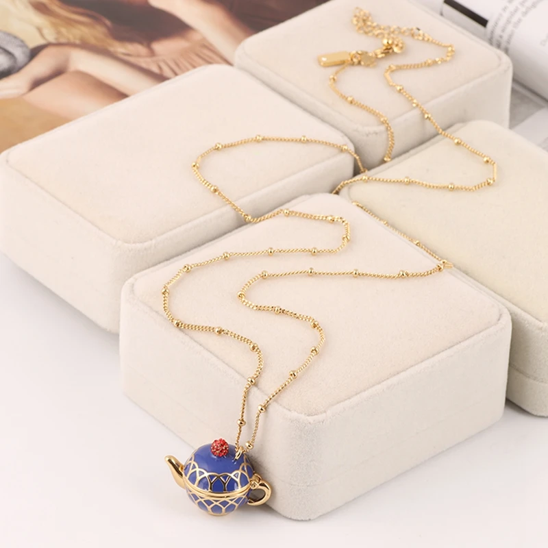 

Exquisite three-dimensional enamel glaze lovely teapot Long Necklace