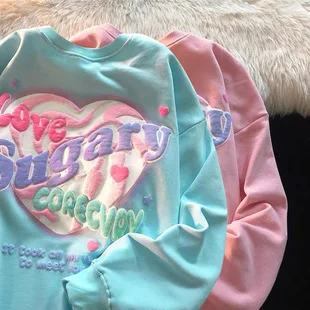 

E-girl Fashion Vintage Coffee Printed Sweaters Cute PInk Blue Cute Women's Shirts O Neck Cotton Loose Sprat Lover Heart Shirt