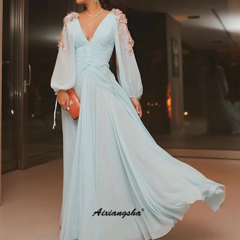 

Sky Blue Evening Prom Gown Lace Cheap Chiffon Dubai Saudi Arabic Sexy Evening Dresses Long
