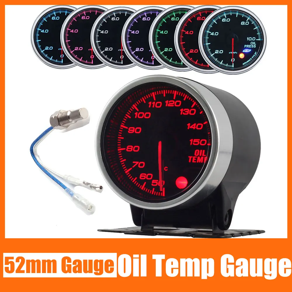 

52MM Oil Temp Gauge With Sensor 7 Color Backlight 50-150 Celsius Oil Temperature Meter Smoke Lens Stepper Motor 12V