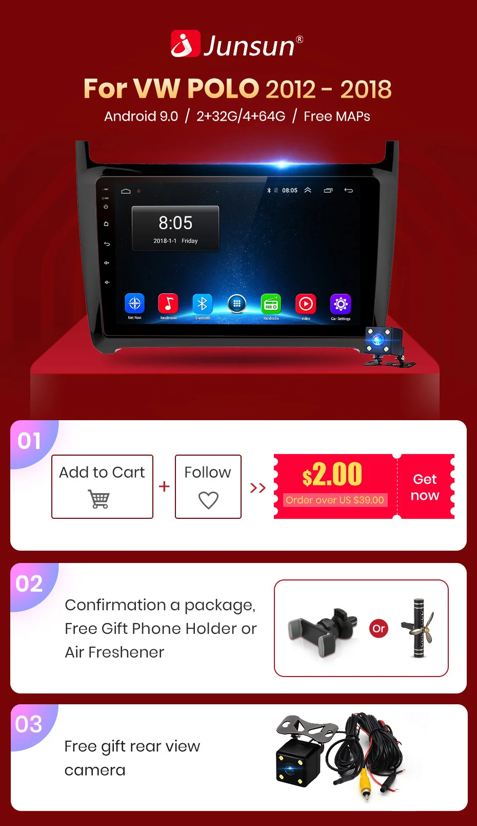 Junsun V1 2G+ 32G Android 9,0 для Volkswagen POLO 2012- автомобильный Радио мультимедийный видео плеер gps RDS 2 din dvd