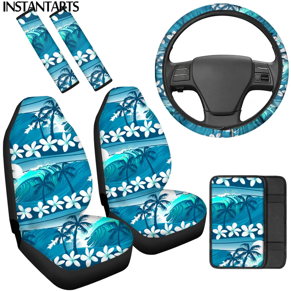 

INSTANTARTS Tropical Palm Tree Ocean Wave Pattern Nonslip Car Seat Cover Stylish Console Cover Steering Wheel Cover Seatbelt Pad