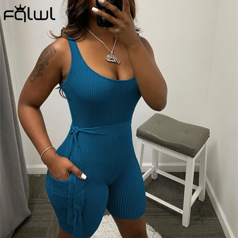 Женский комбинезон с поясом FQLWL Черный Повседневный цельный без рукавов в рубчик