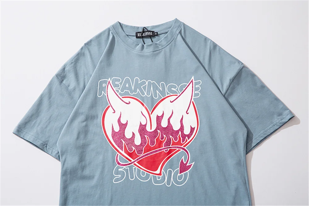 

LINDSEY SEADER Men's Tshirt Hip Hop Summer Short Sleeve Creative Evil Heart Printed Oversized Casual Cotton Harajuku Top Tees