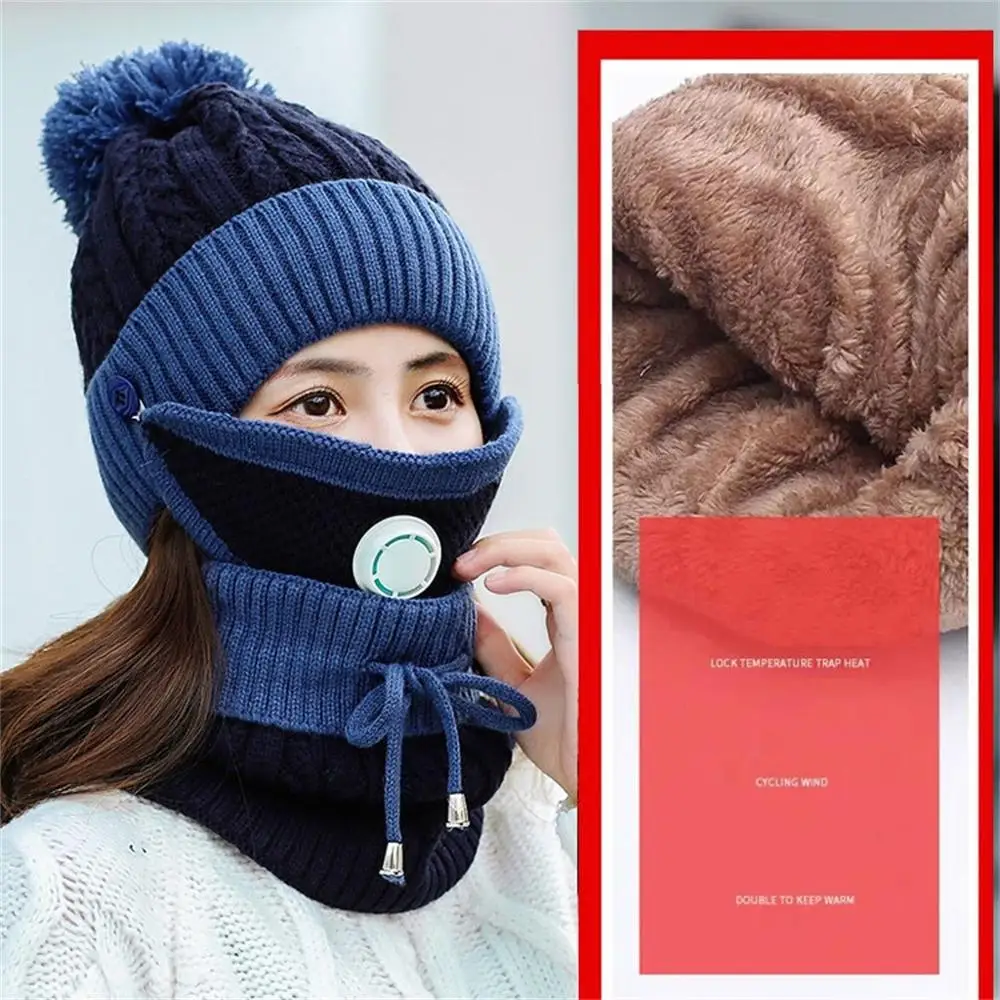 5Sets/lot Women Hats Knitted Wool Scarf Hat Pompom Cap Set Warm Winter + Mask Female Riding Bicycle Outdoor | Детская одежда и